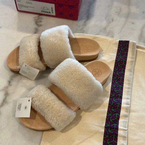 Gently Used Tory Burch Fur slippers Beige sz 9 Sheldon Shearling Two Band Slide - Picture 1 of 14